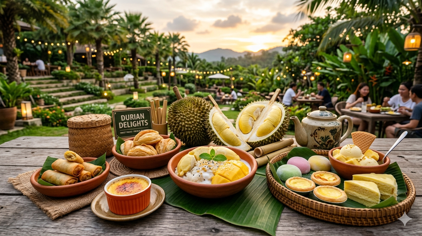 A selection of durian-based desserts and snacks on a neutral background.