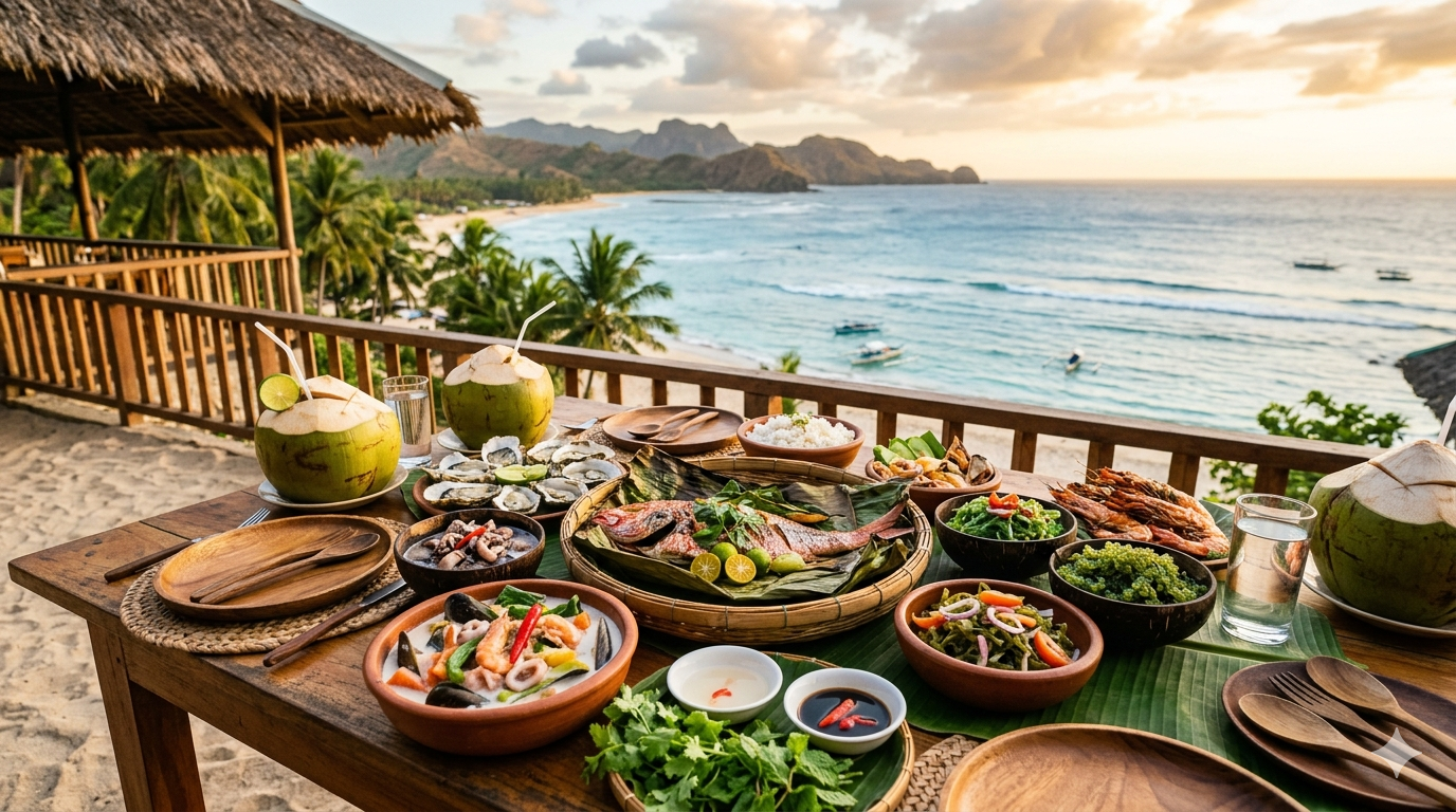 Display of assorted seafood and coconut-based Filipino dishes on a table.