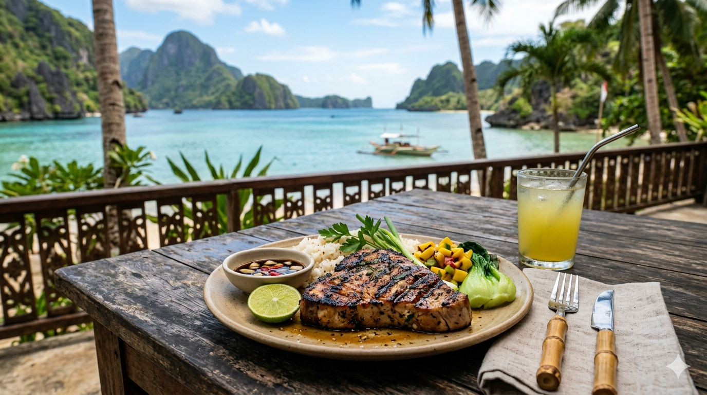 grilled-tuna-belly-cover. Photo of grilled tuna belly on a neutral plate with garnish