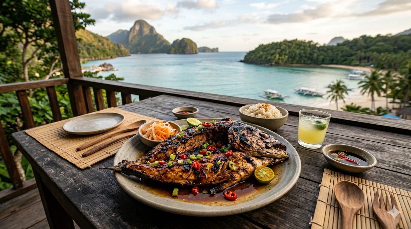 Grilled tuna panga on a plate with vegetables, presented neutrally