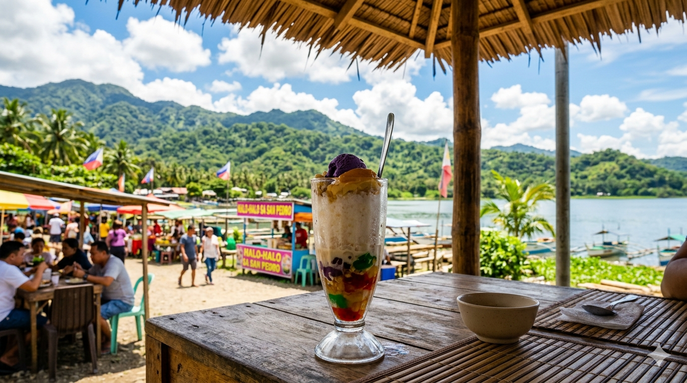 Glass bowl of halo-halo with shaved ice, fruits, beans, jelly cubes, milk, and purple yam topping.
