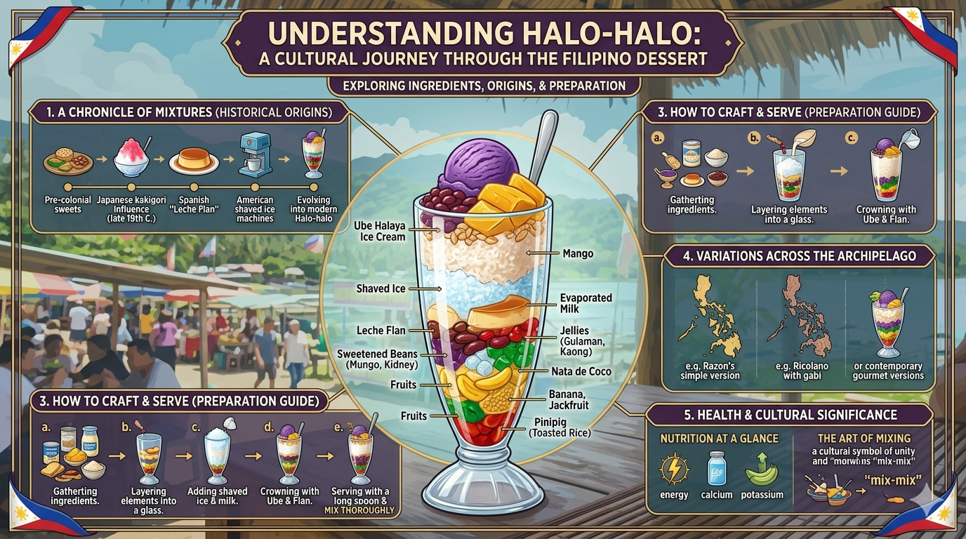 Diagram-style illustration showing common halo-halo components including shaved ice, fruit ingredients, beans, jelly, milk, and toppings.