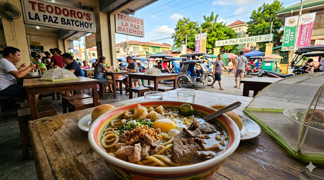 A bowl of Iloilo Batchoy with noodles, broth, and toppings on a table