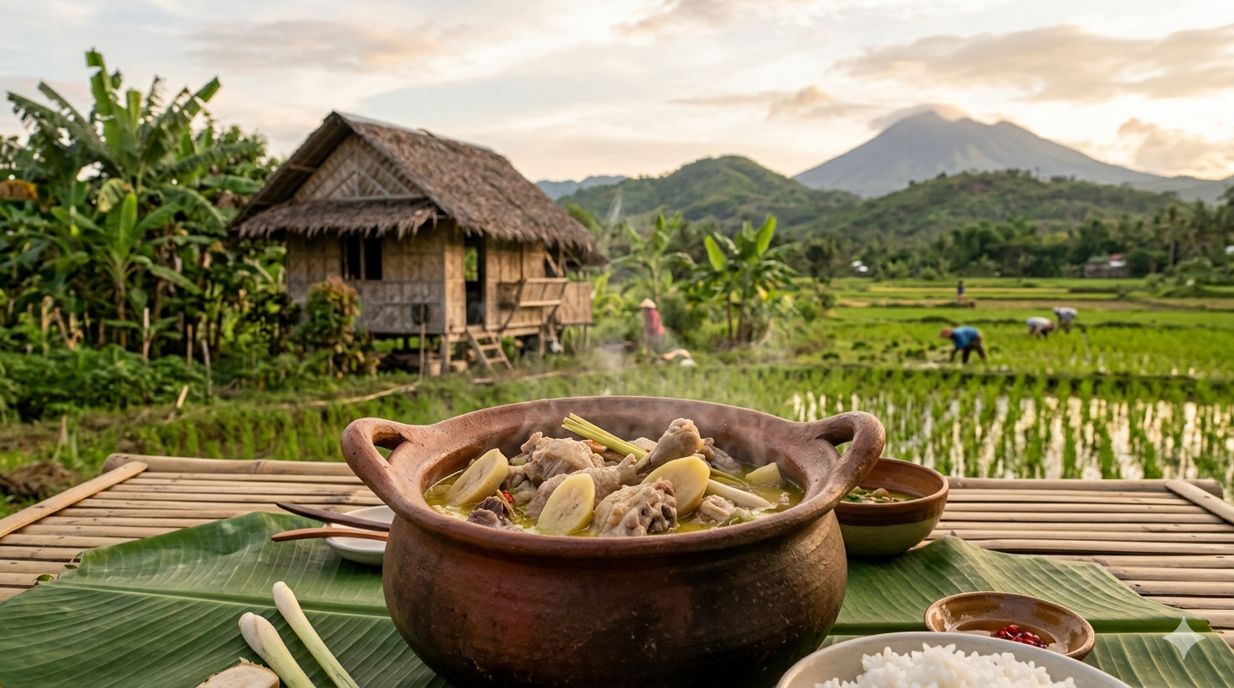 Plate of Inubarang Manok with chicken, vegetables, and coconut sauce on a neutral background