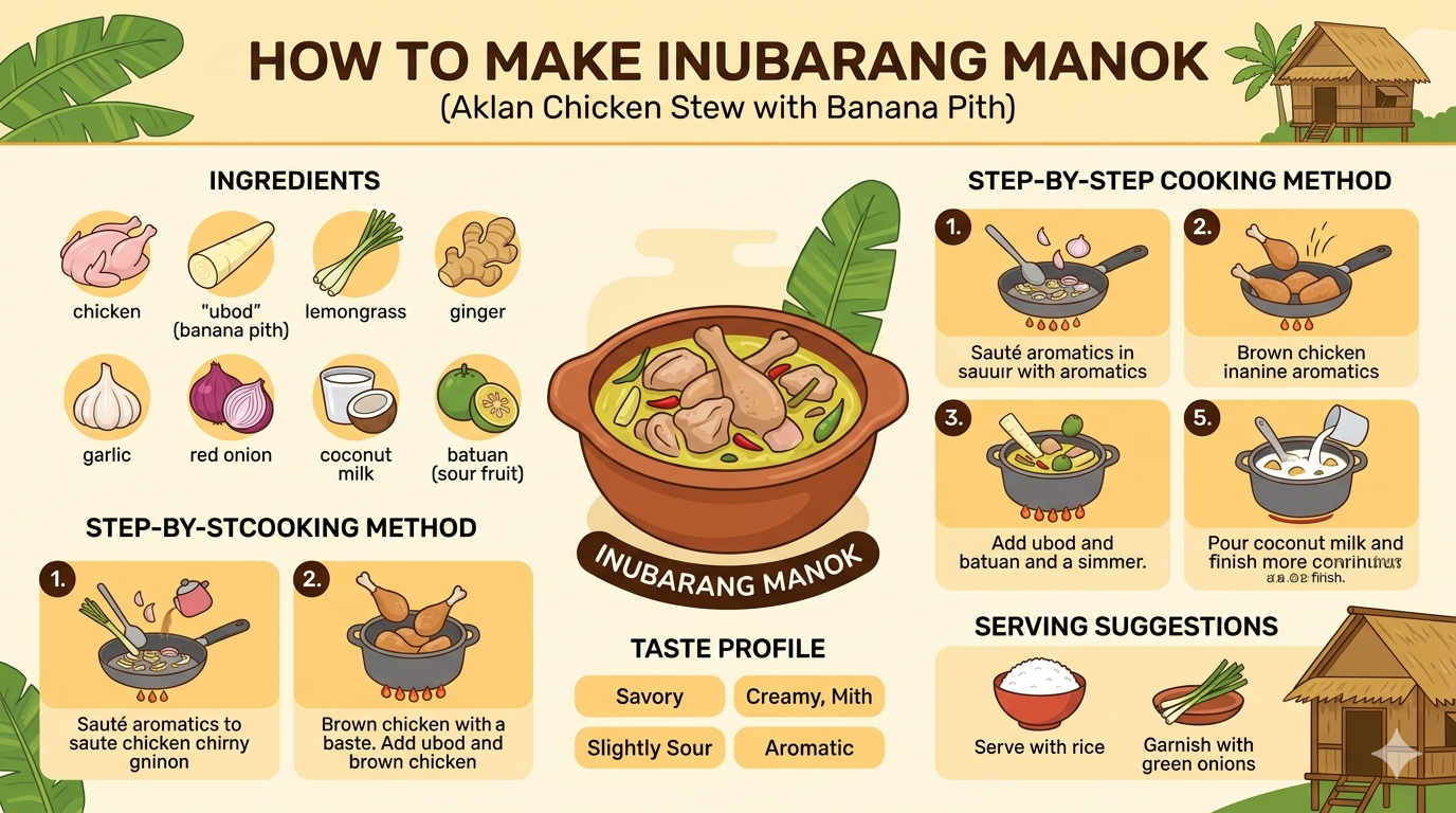 Step-by-step visual showing Inubarang Manok ingredients and preparation process