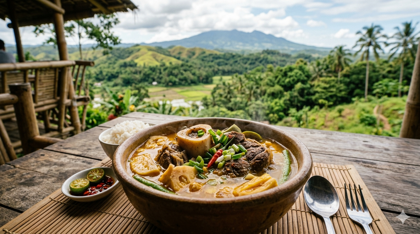 Top view of Kansi soup with beef, vegetables, and souring ingredients