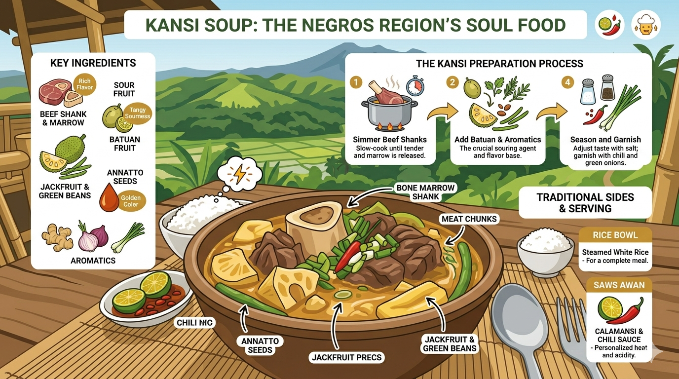 Infographic showing typical Kansi soup ingredients and their culinary role