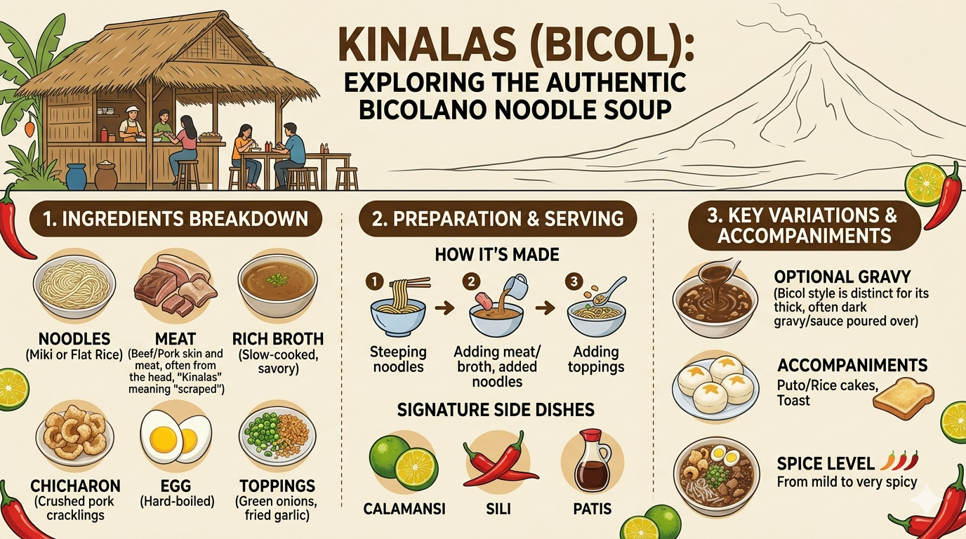 Infographic showing components of Kinalas: noodles, meat, broth, and garnishes