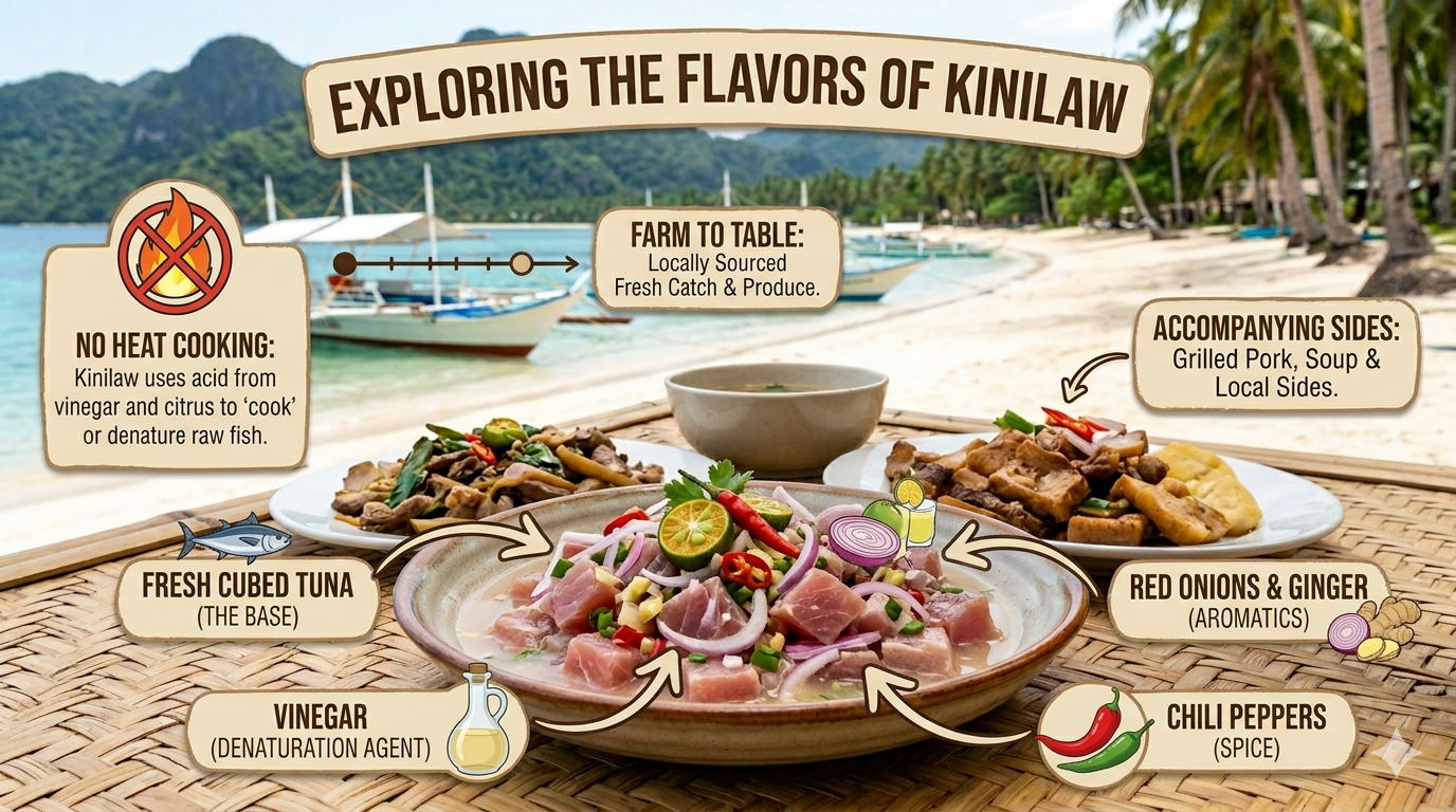 Infographic showing typical kinilaw ingredients and neutral preparation steps
