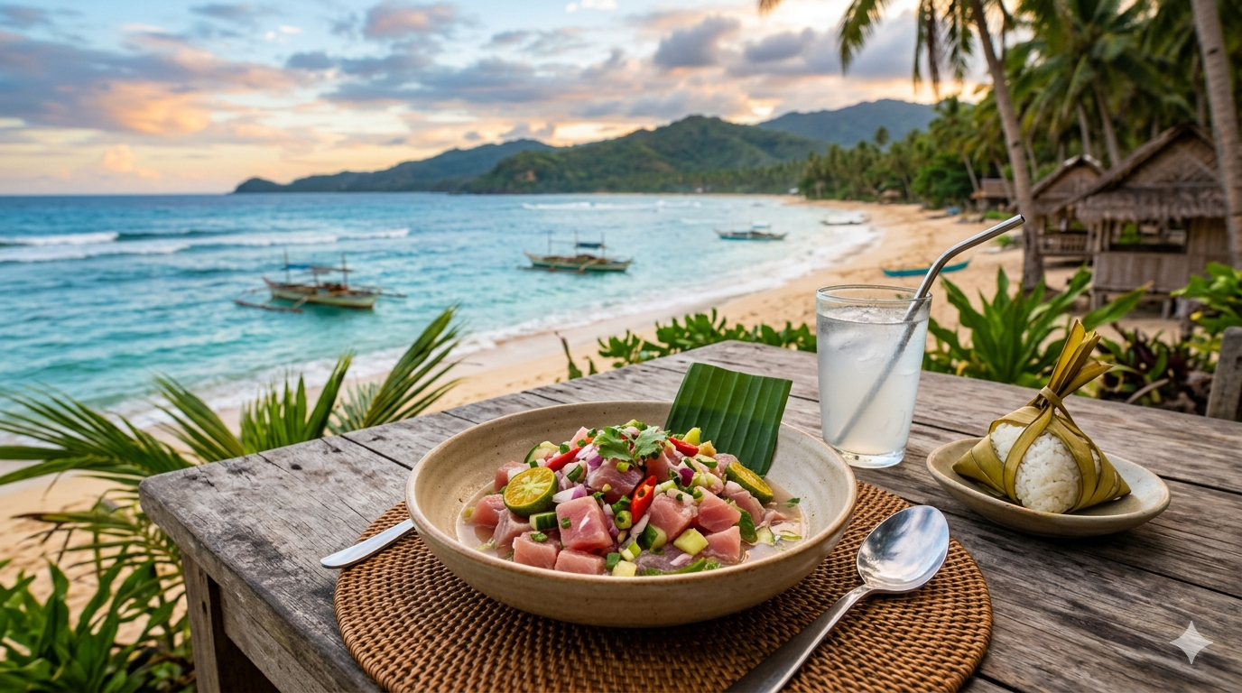 kinilaw-traditional-dish. Raw fish, sliced vegetables, and vinegar for kinilaw on a serving tray