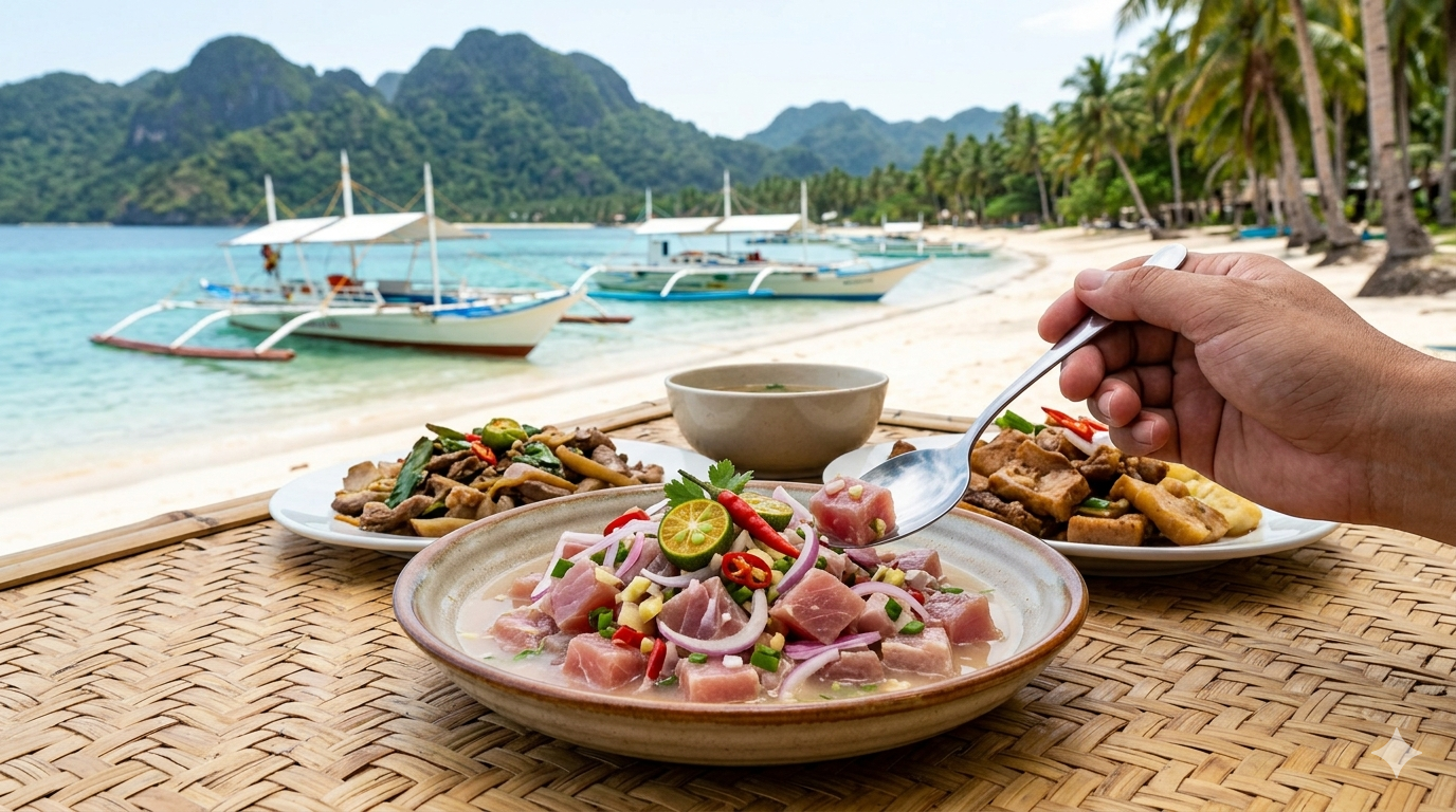 A plate of kinilaw with raw fish, onions, and calamansi on a wooden table