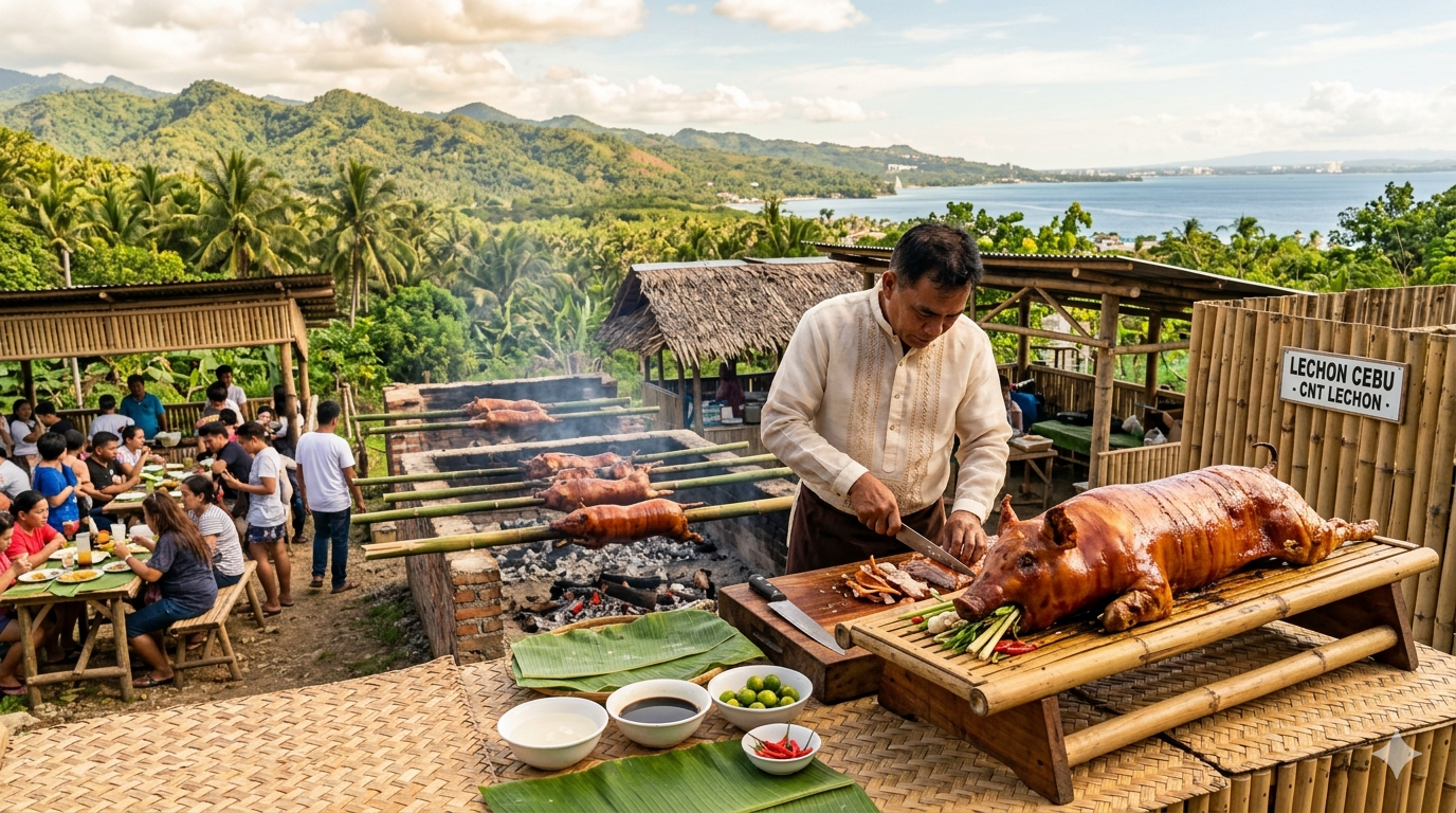 lechon-cebu-blog-cover. Top view of a whole Lechon Cebu with golden-brown roasted skin