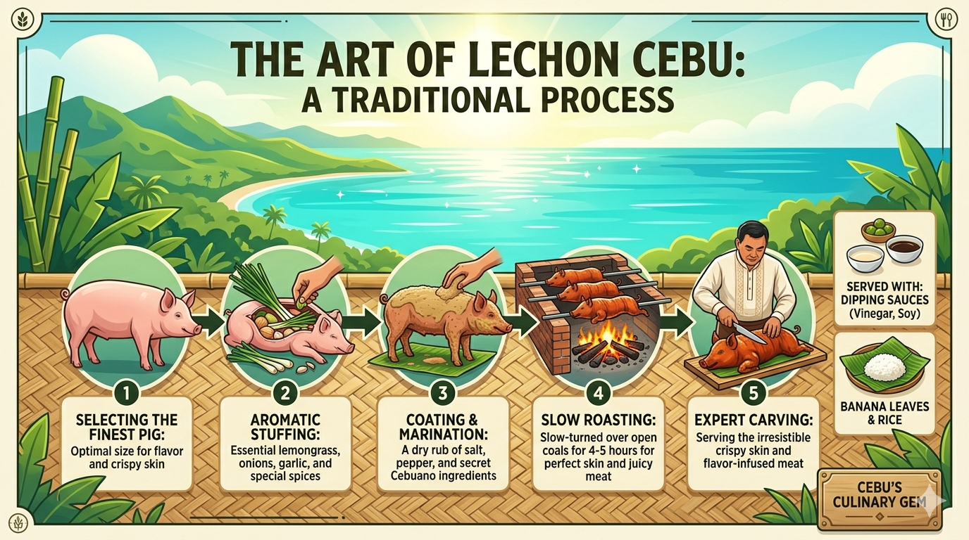 Infographic showing key preparation steps and traditional elements of Lechon Cebu