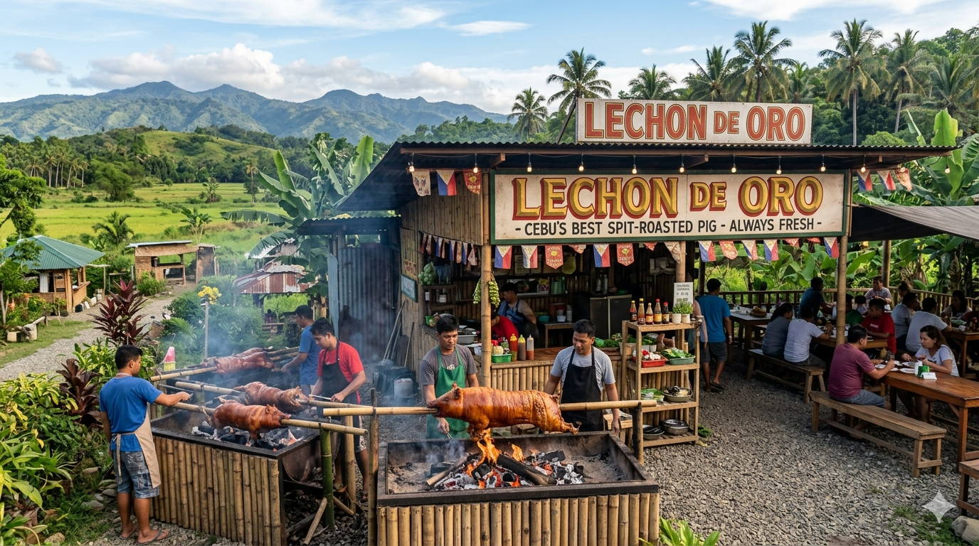 Whole roasted Lechon de Oro displayed on a serving table, uncut.