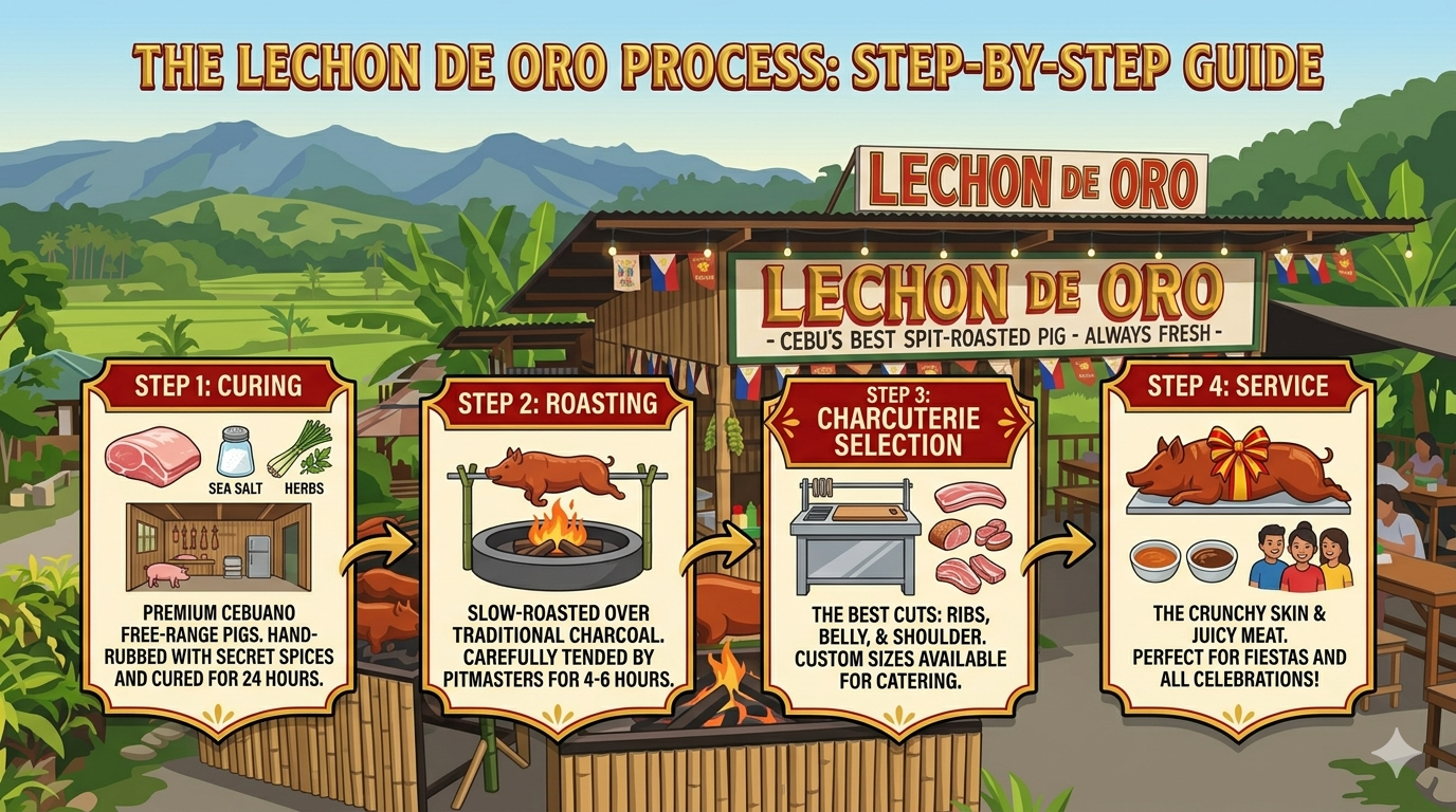 Infographic showing preparation steps and cultural context of Lechon de Oro.
