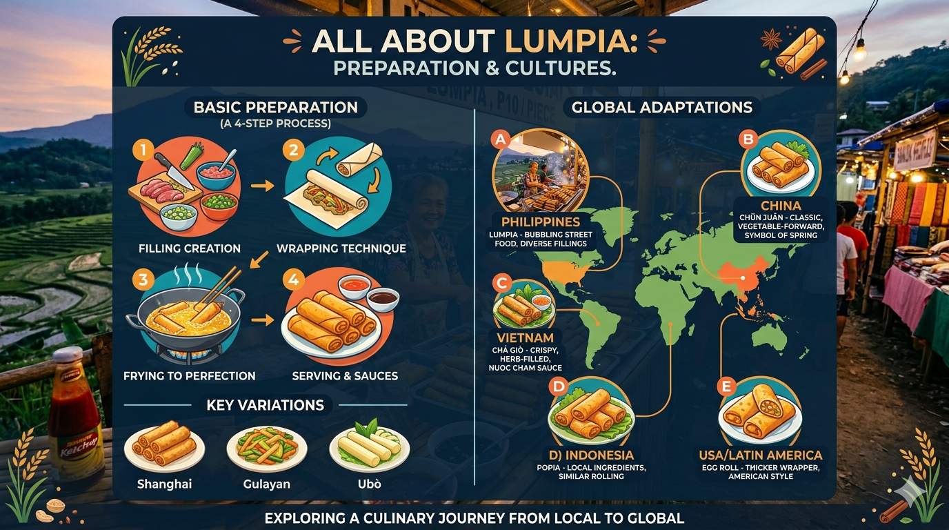 Chart showing common lumpia fillings, wrappers, and cooking techniques.