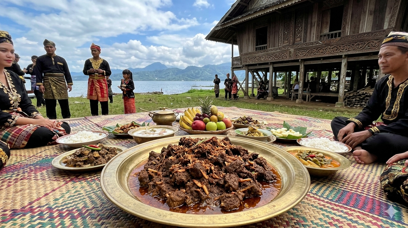 Top-down view of Maranao Randang in a serving dish with spices and coconut milk on the side.