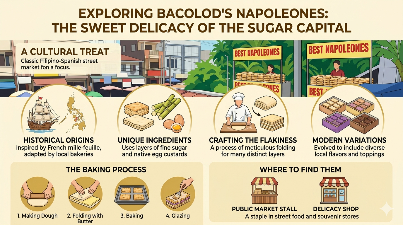 Illustration showing puff pastry layers, custard filling, and sugar glaze.
