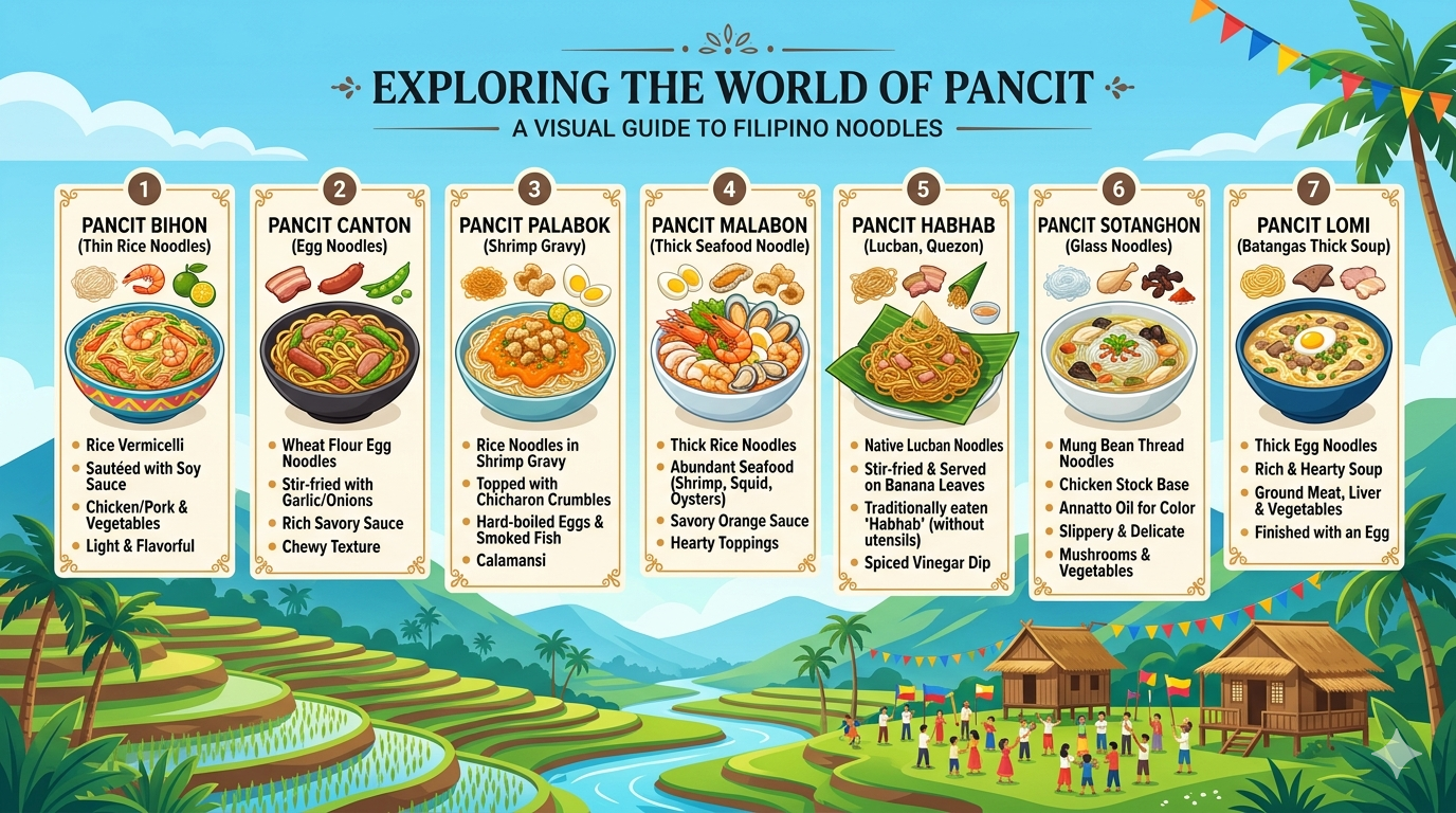 Illustrated infographic labeling several pancit dishes and their noodle types such as rice noodles, egg noodles, and glass noodles.