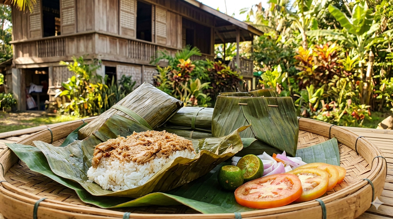 pastil-banana-leaf-rice-dish-philippines. Plate of rice topped with shredded chicken wrapped in banana leaf, traditional pastil dish presentation