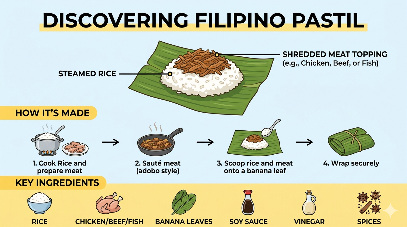 Diagram showing rice, shredded meat, banana leaf wrapping, and common preparation elements of pastil