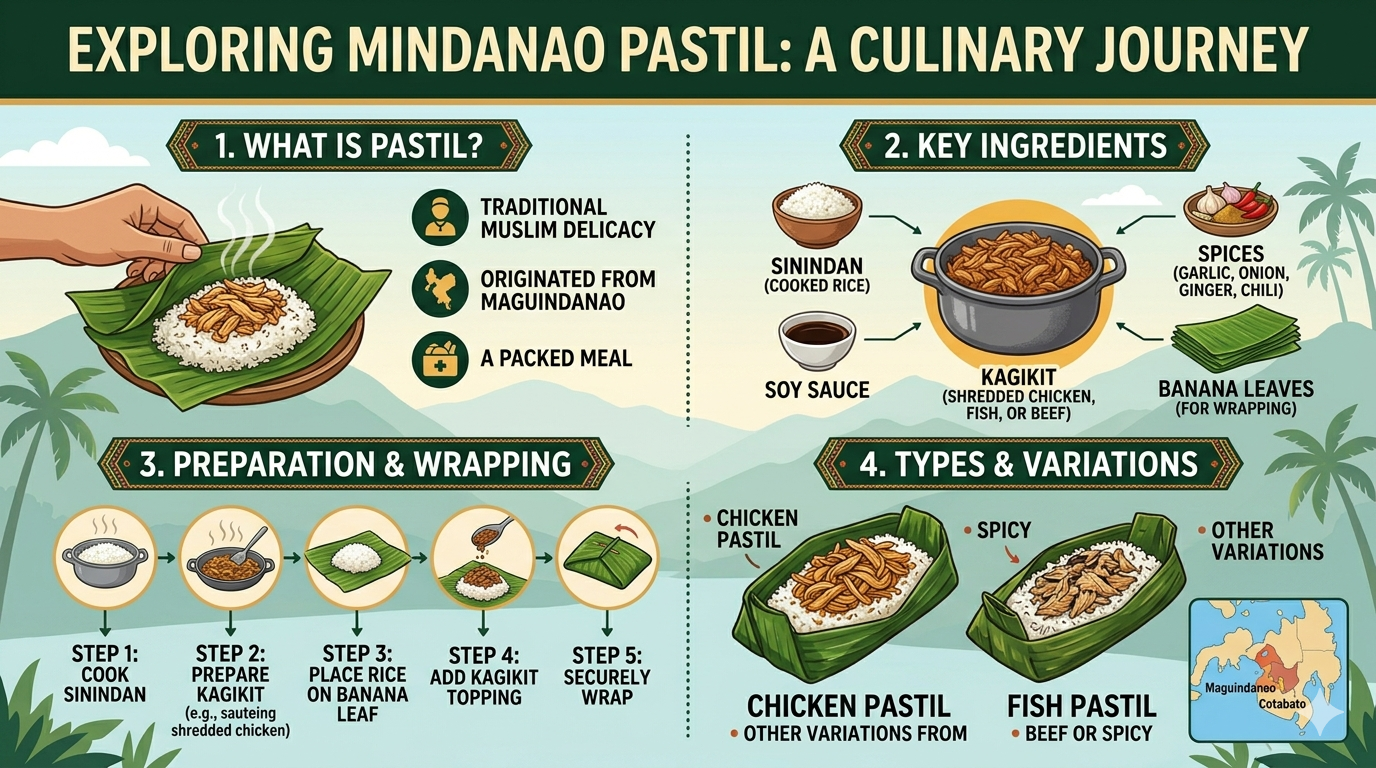Illustration of pastil components including rice, meat, and banana leaf packaging