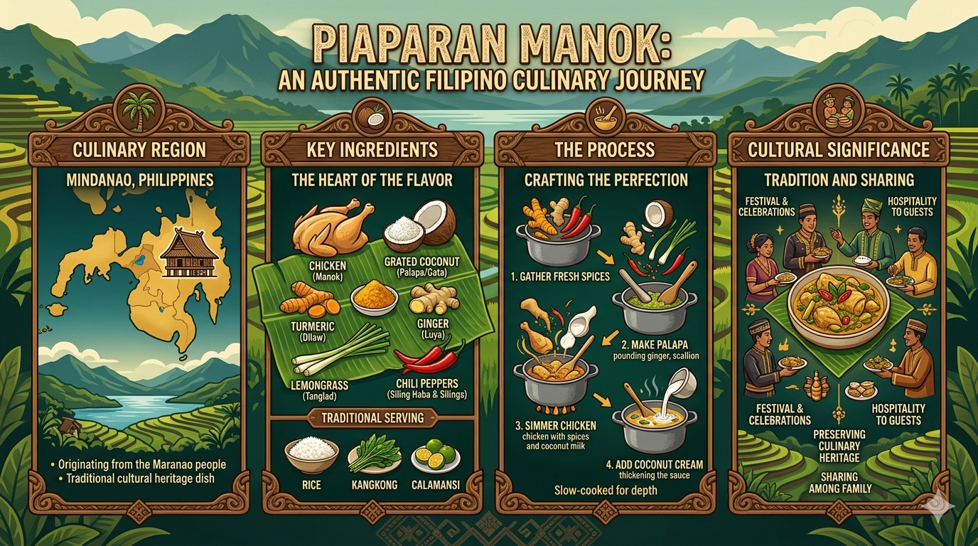 Infographic showing Piaparan Manok components: chicken, coconut, spices, vegetables