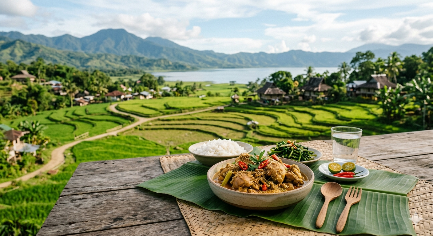 piaparan-manok-traditional-dish. Top view of Piaparan Manok served in a neutral setting with coconut and spices