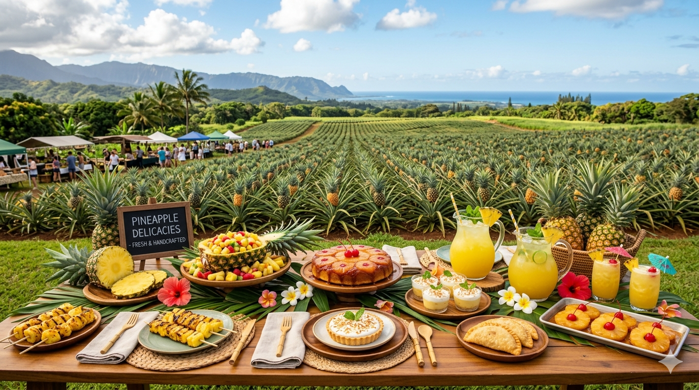 Top view of assorted pineapple-based desserts on a table