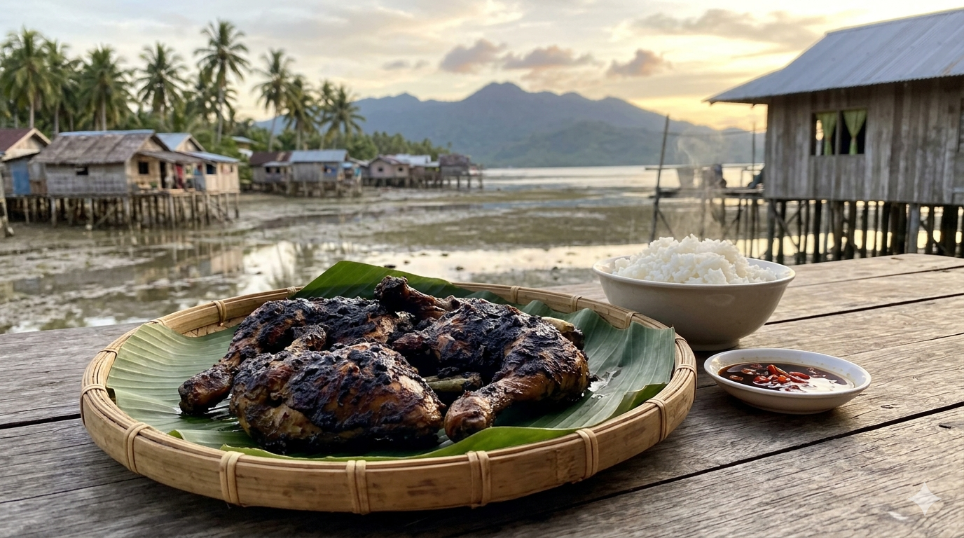 Plate of Piyanggang Manok with turmeric and coconut sauce, served with rice