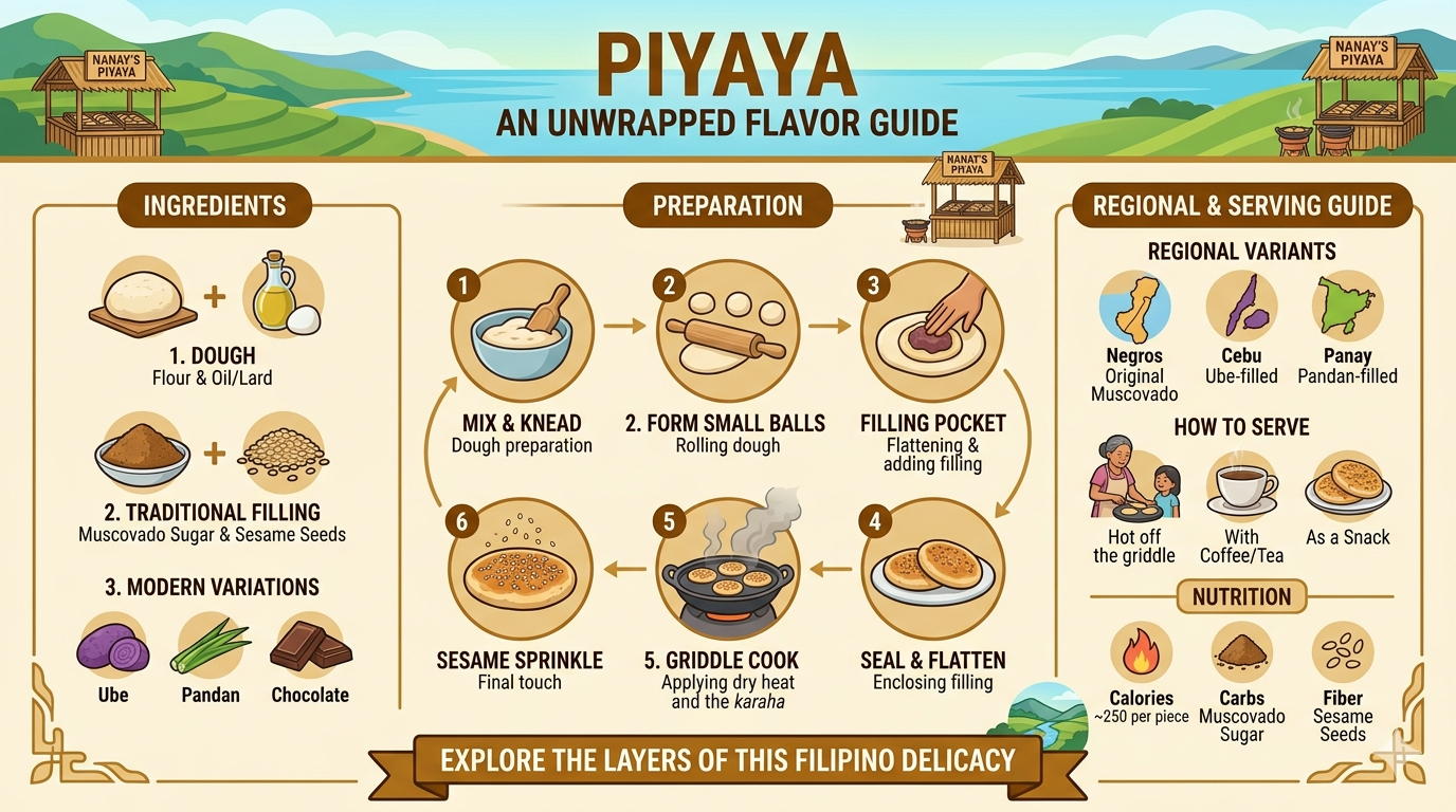 Illustration showing typical ingredients and structure of Filipino piyaya pastry.