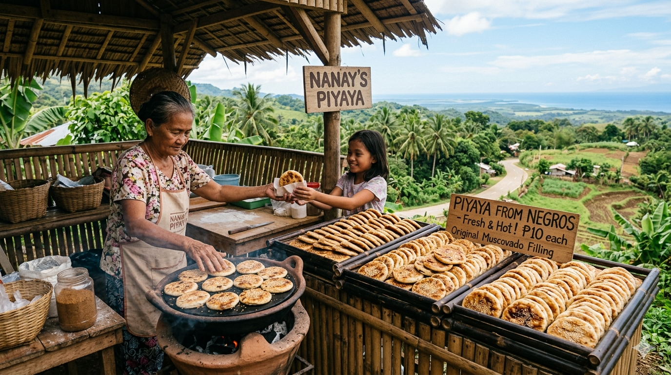 Close-up of a traditional Filipino piyaya pastry with caramelized sugar on a wooden surface.