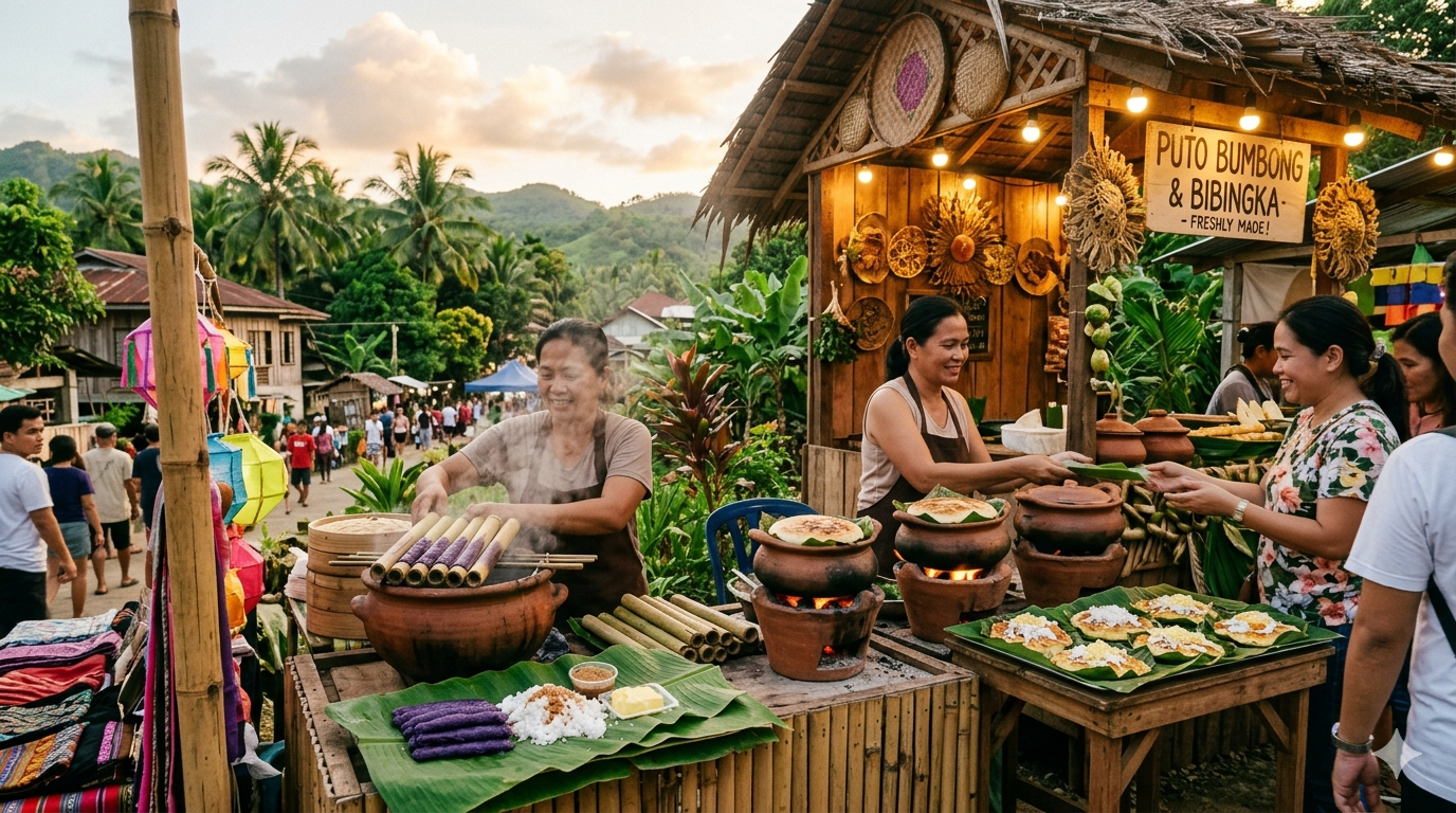 Two Filipino rice cakes on banana leaves, one purple puto bumbong, one bibingka with toppings