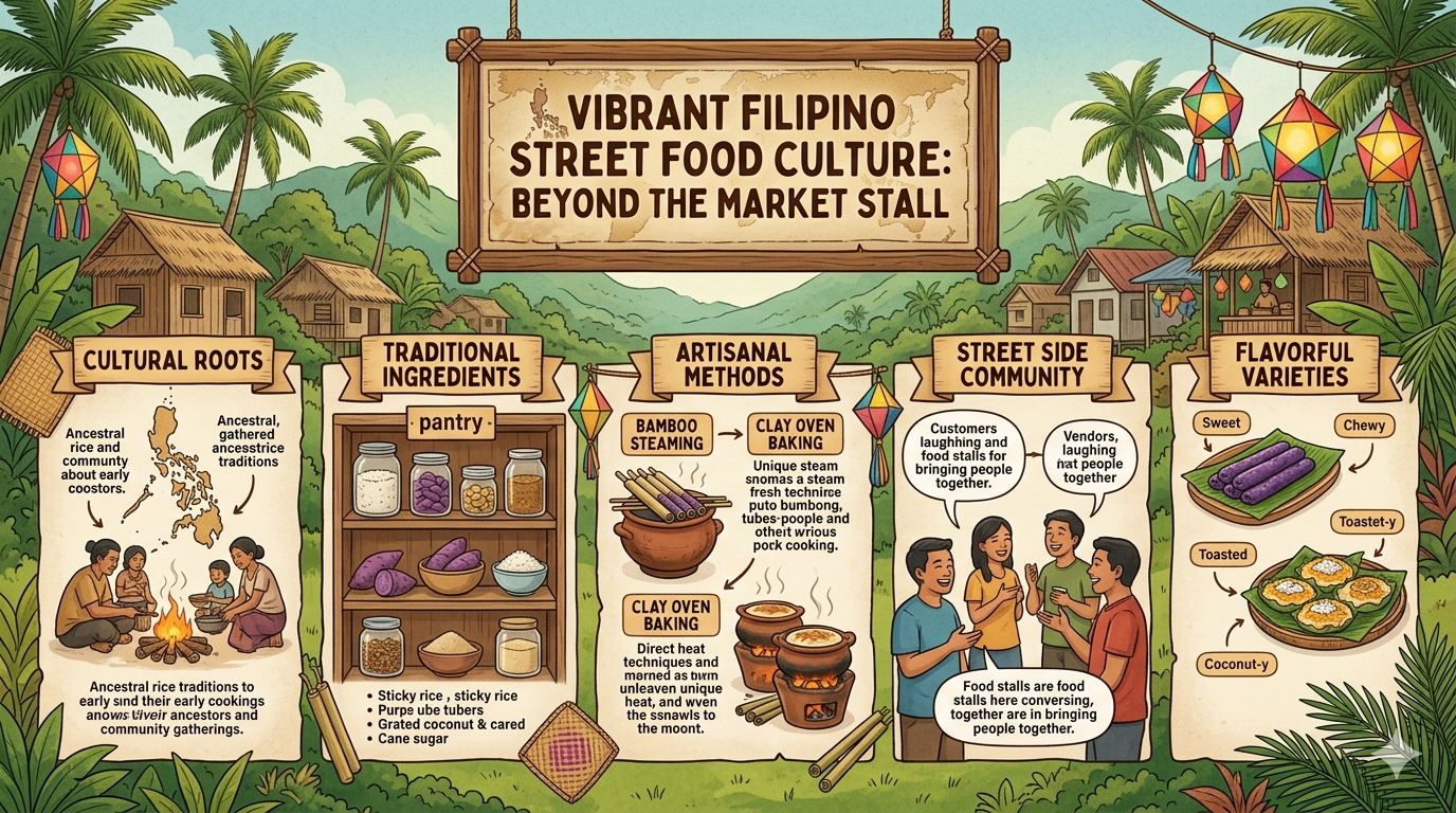 Visual chart showing main ingredients of puto bumbong and bibingka, with rice, coconut, sugar, and toppings