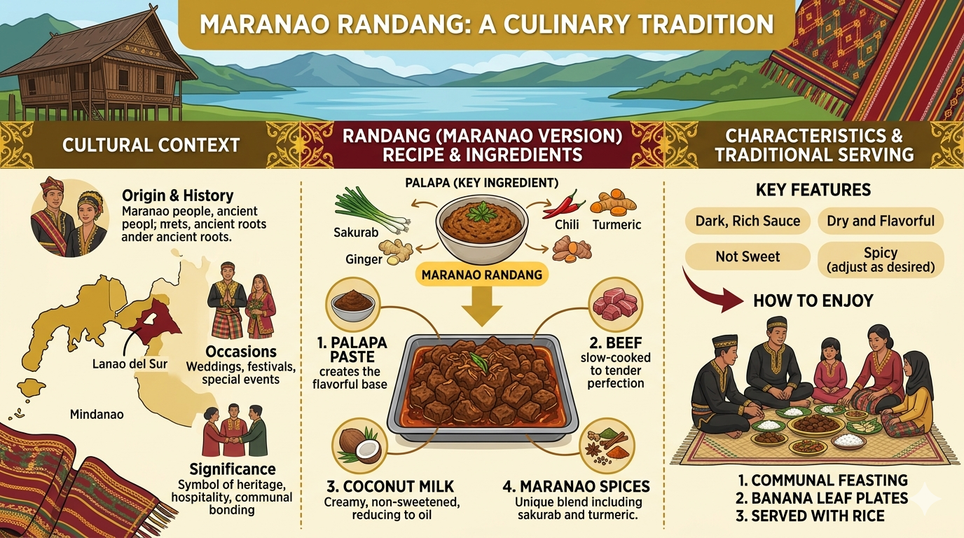 Illustration showing Maranao Randang ingredients, preparation steps, and traditional presentation.
