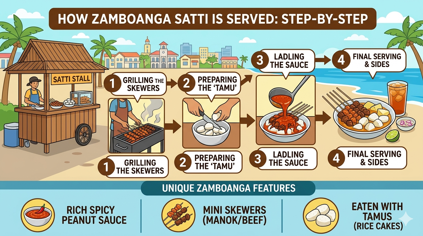Diagram showing meat, sauce, and rice components of satti