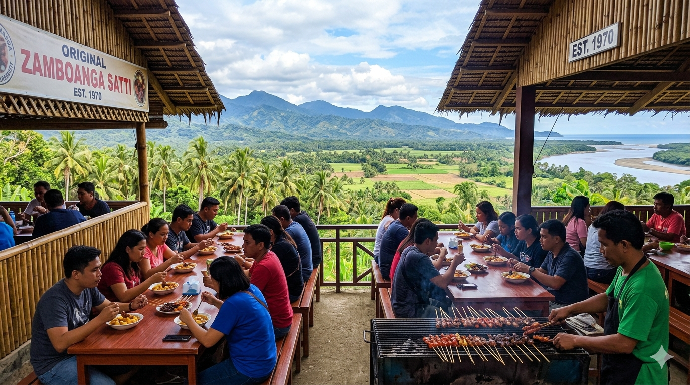 Grilled meat skewers with rice on a plate in Zamboanga