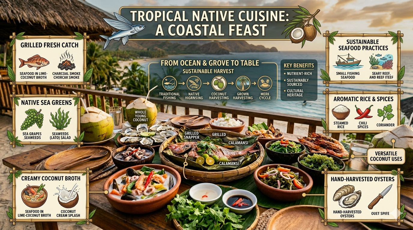 Infographic chart showing seafood types and coconut ingredients with neutral composition labels.