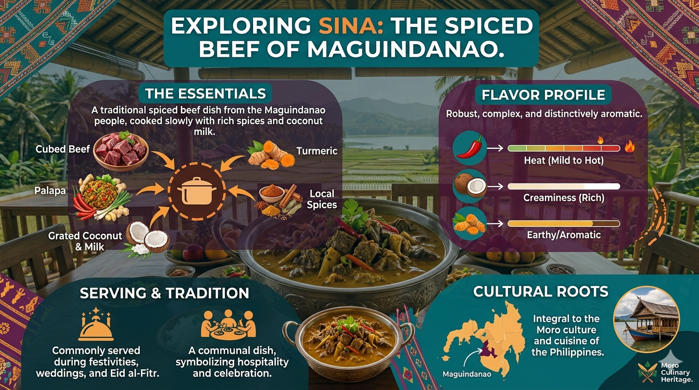 Illustrated infographic of Sinina ingredients including beef, garlic, onion, and spices