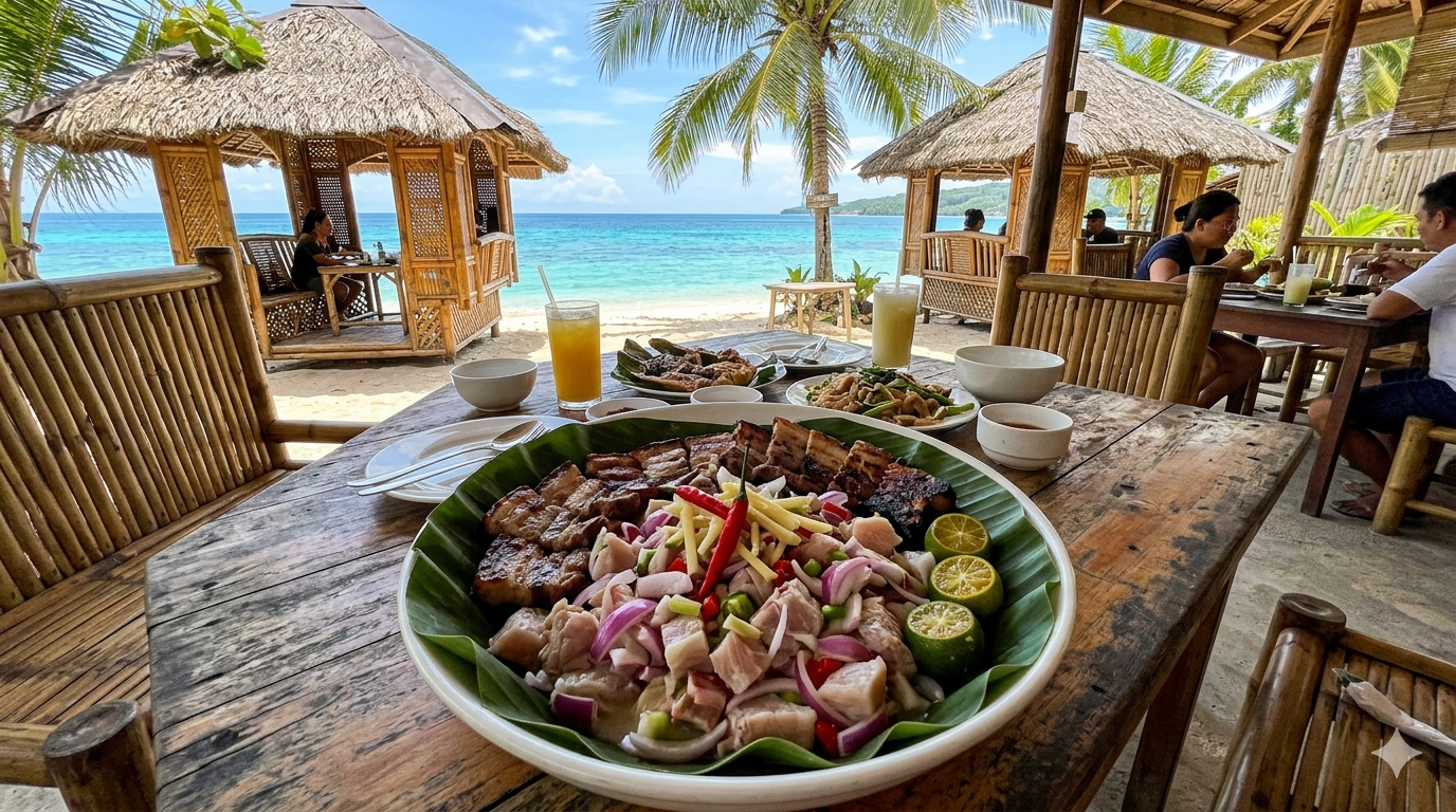 Top view of a Sinuglaw platter with grilled pork, raw fish, and garnishes