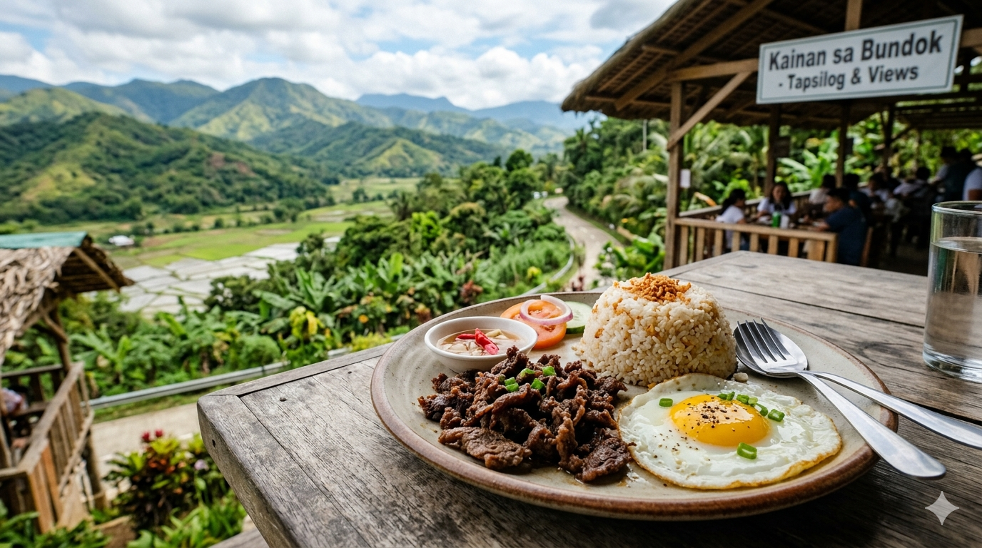 Photograph of a traditional Tapsilog meal with beef tapa, fried rice, and egg