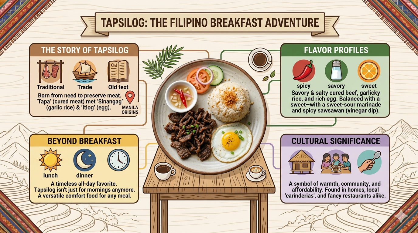 Illustrative infographic showing Tapsilog ingredients and macronutrient composition