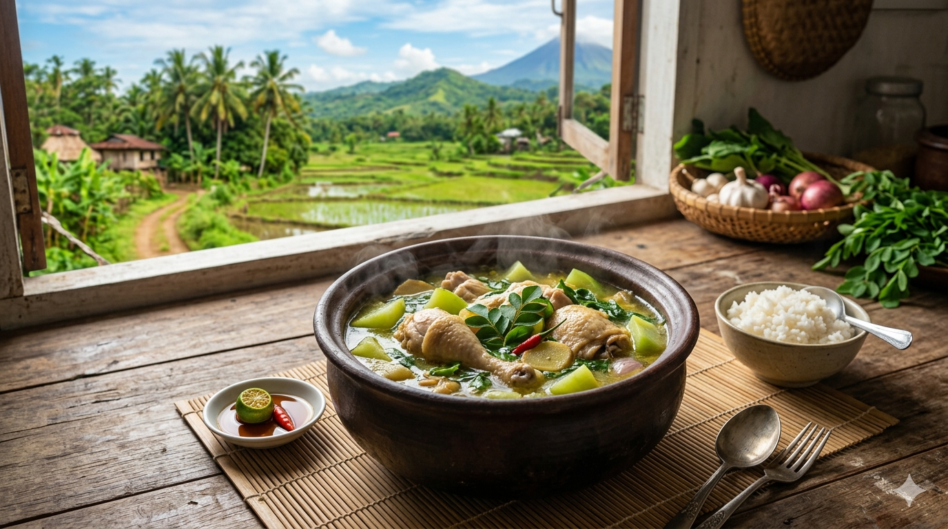A bowl of Tinola soup with chicken, green papaya, and malunggay leaves