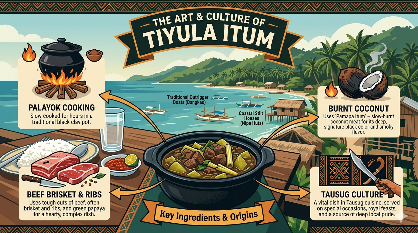Visual breakdown of Tiyula Itum ingredients including meat, coconut milk, and spices