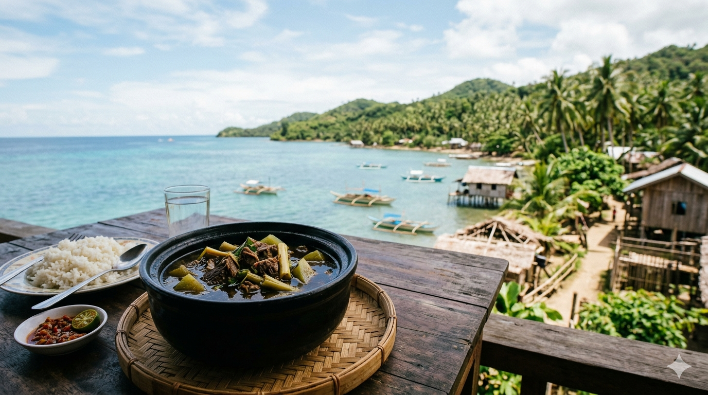 tiyula-itum-soup-cover. Black-colored Tiyula Itum soup in bowl with coconut, spices, and herbs arranged around it