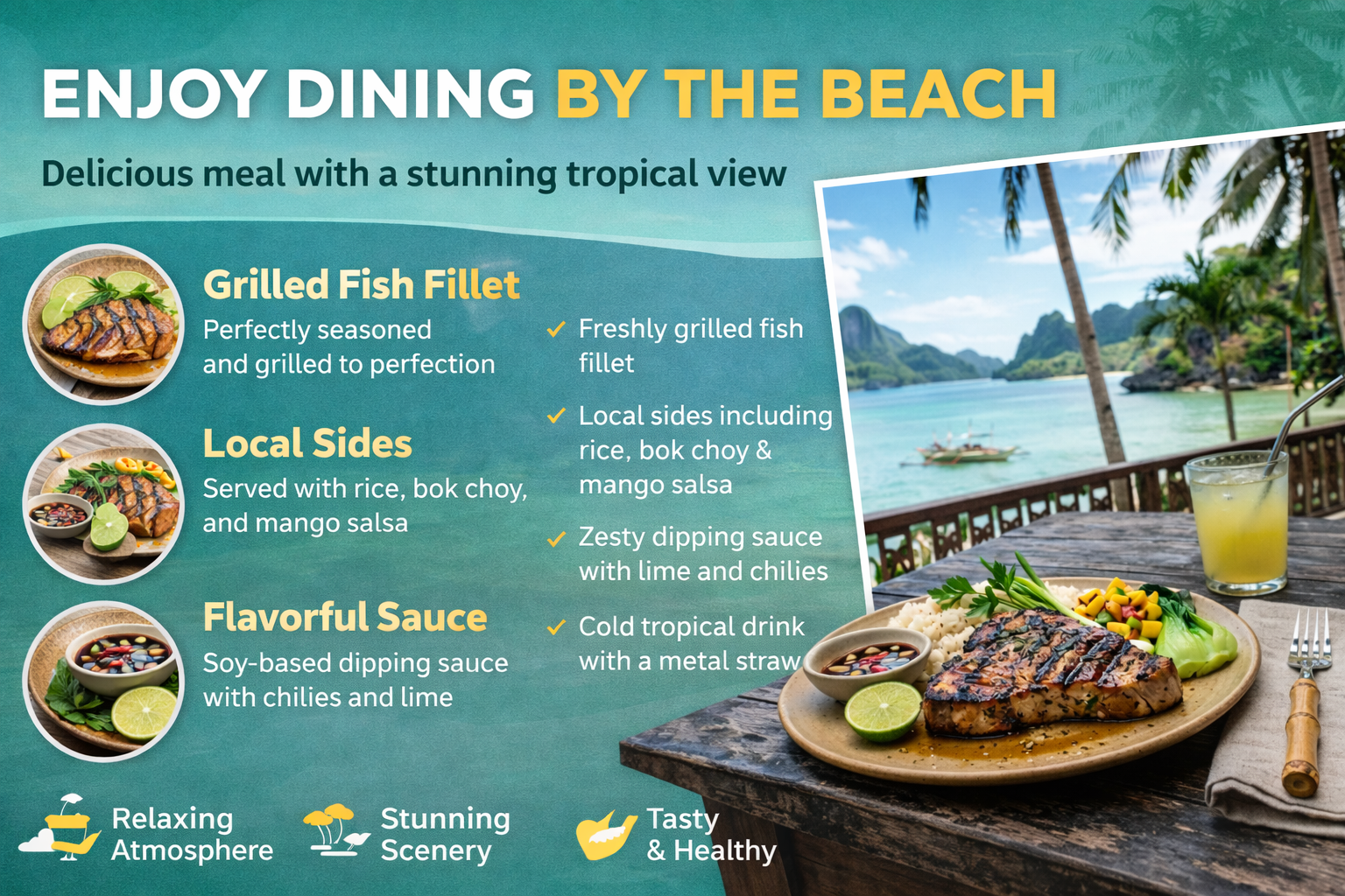 Infographic showing grilled tuna belly nutrients and preparation steps
