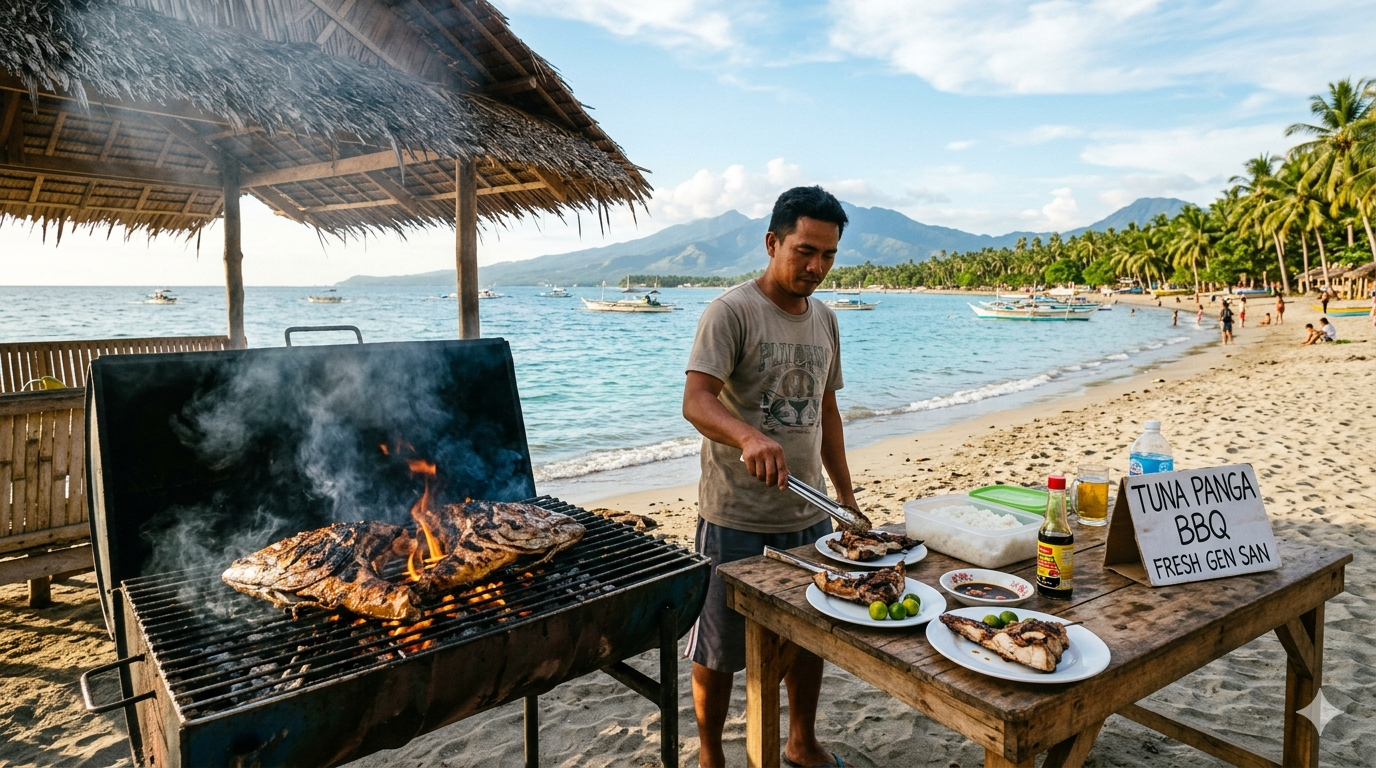 Charcoal grill cooking a tuna collar cut with visible grill marks and glaze