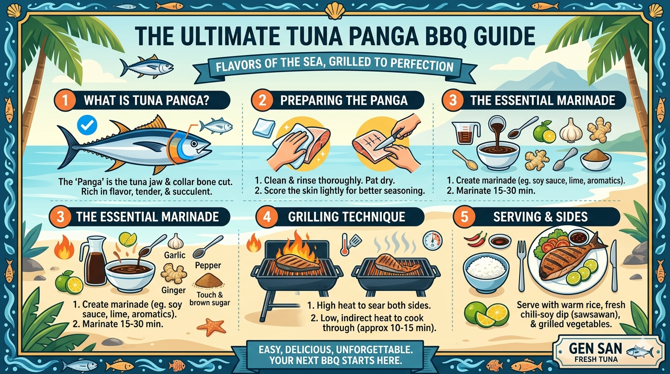 Diagram showing tuna collar cut, marinade ingredients, and grilling process