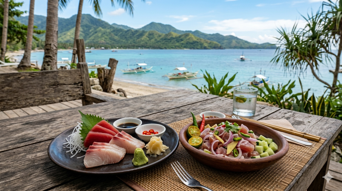 A display of raw tuna slices arranged for sashimi and kinilaw.