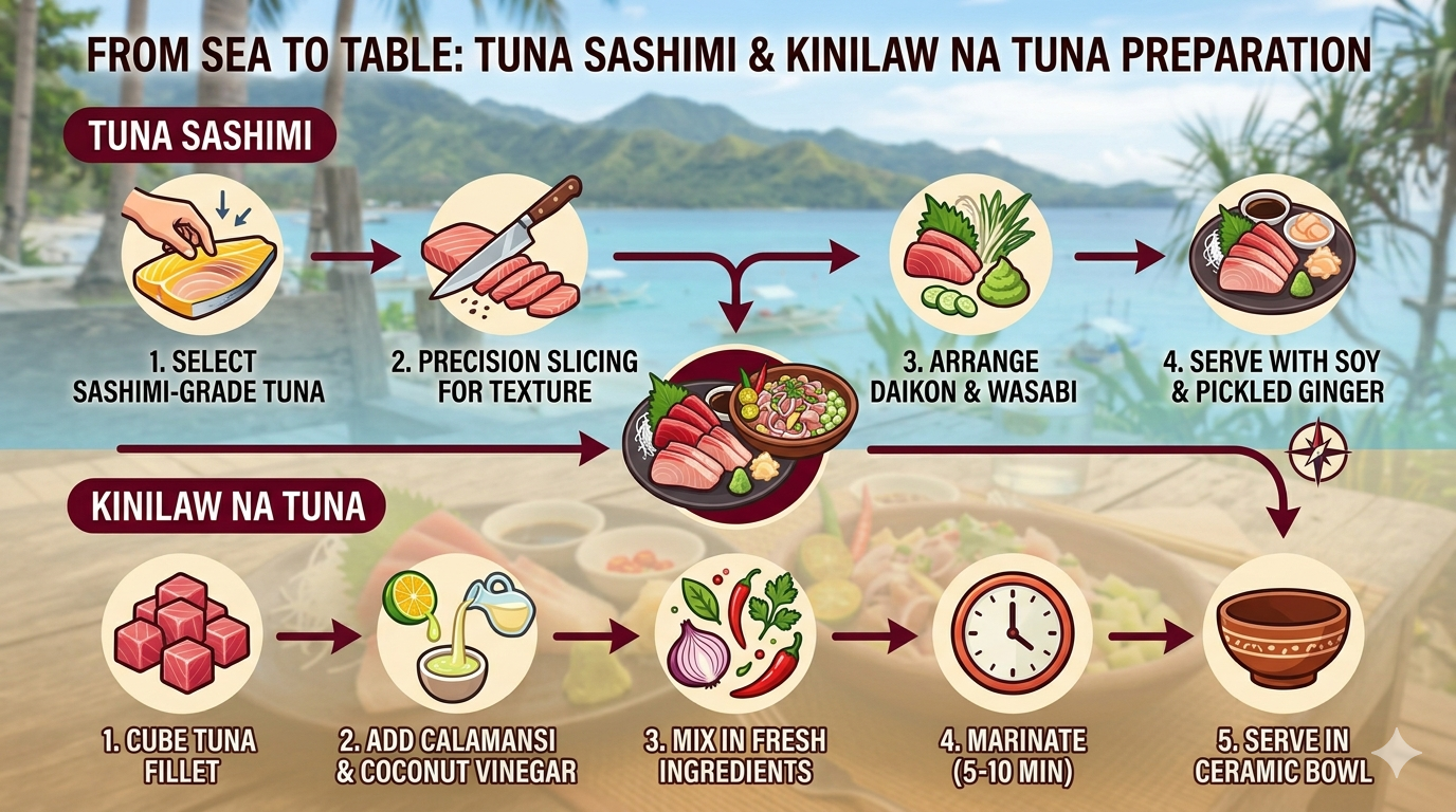 Infographic showing tuna types, serving styles, and preparation considerations.
